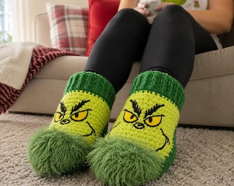 Haakpatroon voor groene kerstslippers (PDF), chagrijnige kerstslippers, knusse gehaakte sokken, grappig kerstcadeau, handgemaakt slipperpatroon