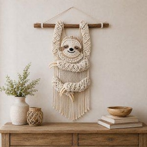 Può includere: Un arazzo in macramè color crema a forma di bradipo, appeso a un ramo di legno orizzontale. Il bradipo presenta un volto lavorato all'uncinetto con dettagli marroni, braccia lunghe e complessi motivi a nodi con lunghe frange pendenti.
