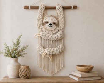 Macramé luiaard wanddecoratie patroon, luiaard macramé tutorial, boho dieren wanddecoratie, kinderkamerdecoratie, luiaard PDF patroon, doe-het-zelf macramé