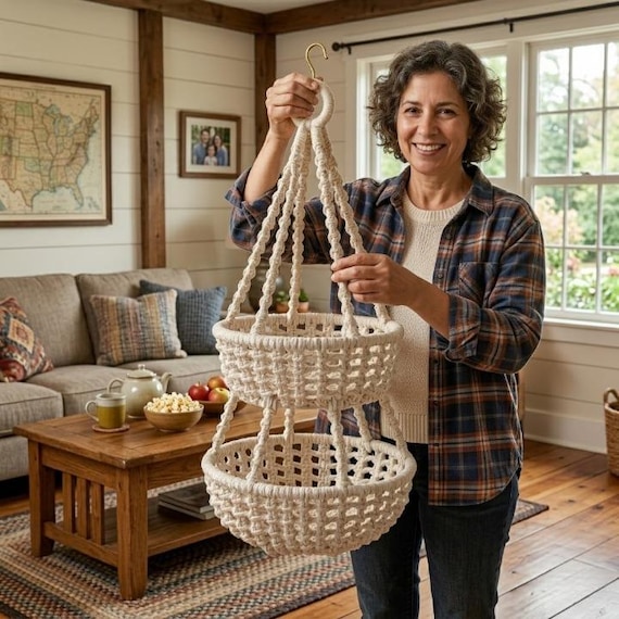 Macrame Hanging Fruit Basket Pattern PDF, Boho Kitchen Storage Organizer, DIY Produce Holder Tutorial, Modern Farmhouse Decor