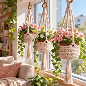Puede incluir: Tres maceteros de ganchillo color crema suspendidos de anillos de madera, cada uno con una maceta de terracota con flores rosas vibrantes y hiedra verde. Los gruesos cordones de algodón trenzado tienen borlas decorativas.