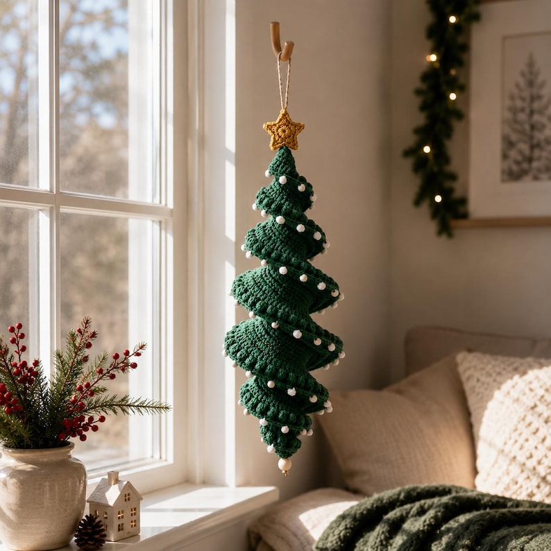 May include: A spiral-shaped crochet Christmas tree ornament in dark green yarn, featuring small white pom-poms along the edges and a yellow crocheted star at the top. The ornament hangs from a simple twine loop attached to a wooden wall hook.