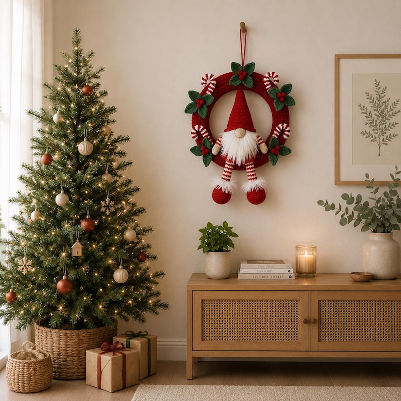 May include: A red crocheted Christmas wreath featuring a central gnome figure with a tall pointed hat, a white beard, and striped legs. The wreath is decorated with green fabric leaves and small red and white striped candy cane ornaments.