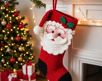 Häkelanleitung für einen Weihnachtsmann-Strumpf (PDF) | Gehäkelter Weihnachtsmann-Strumpf | Weihnachtsdekoration für den Kamin | Amigurumi-Anleitung für einen Weihnachtsstrumpf