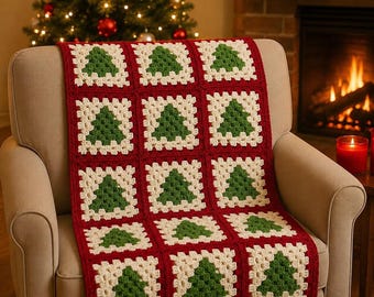 Wzór na szydełkowy kocyk w kształcie choinki (PDF), świąteczny kocyk w kształcie babuni (Granny Square), świąteczny pled szydełkowy, wzór na kocyk w kształcie choinki