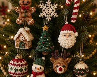 Bundel met haakpatronen voor kerstversieringen, inclusief kerstman, peperkoekmannetje, sneeuwpop en rendier (PDF), kerstboomversieringen en andere haakpatronen voor de feestdagen.