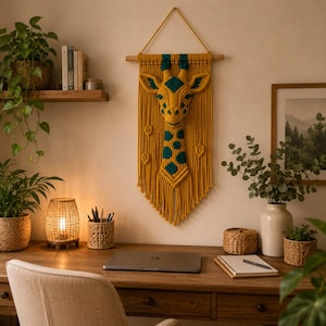 May include: A wall hanging featuring a three-dimensional macrame giraffe head and neck in mustard yellow and teal. The giraffe is centred on a mustard yellow macrame panel with fringe and small leaf accents, suspended from a horizontal wooden dowel.