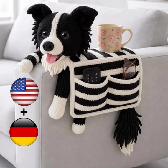 Crochet Dachshund Sofa Arm Organizer Pattern | Sausage Dog Couch Caddy PDF | Amigurumi Dog Remote & Cup Holder | Digital Crochet Pattern