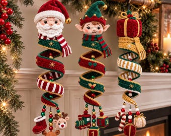Haakpatroon voor een spiraalvormige kersthanger, kerstman/elf-cadeauornament (PDF), kerstboomversiering, gehaakte feestdecoratie, zelfgemaakt kerstcadeau