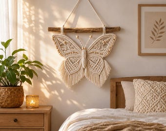 Boho macramé vlinderpatroon (PDF), doe-het-zelf vlinder wanddecoratie handleiding, moderne textielkunst decoratie, macramé wanddecoratie patroon voor beginners