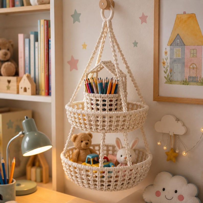 Op de afbeelding: Een cr&egrave;mekleurige macram&eacute; hangmand met twee niveaus. De bovenste laag bevat een klein mandje gevuld met kleurpotloden. De onderste laag bevat een teddybeer, een speelgoedauto en een knuffelkonijn. De mand is opgehangen aan een houten haak.