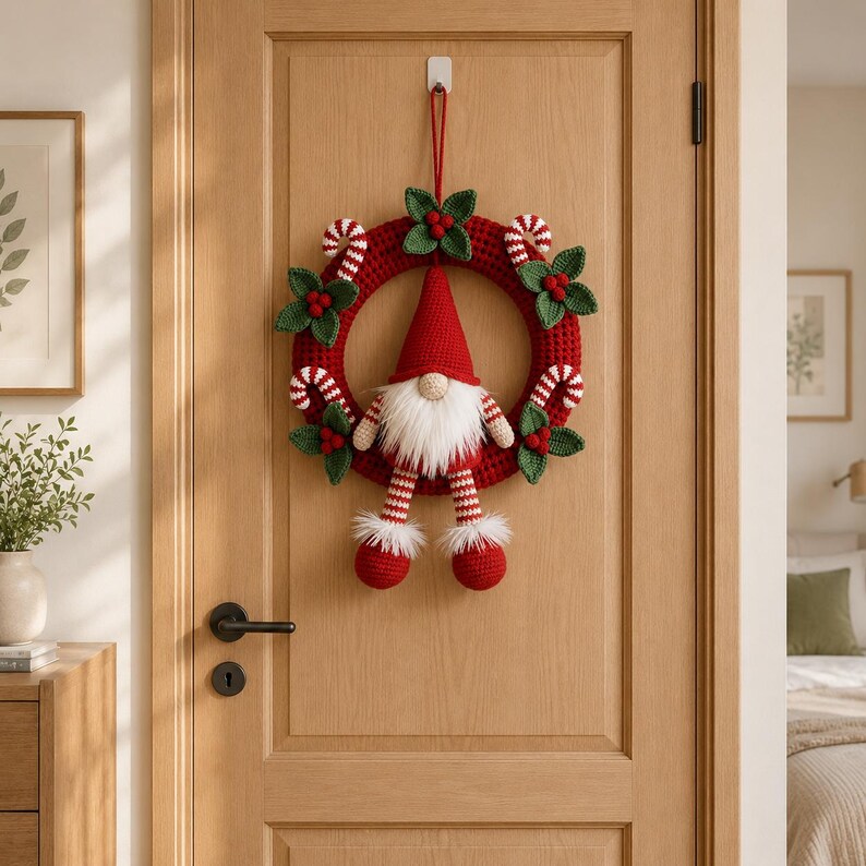 May include: A crocheted Christmas wreath featuring a central gnome with a red hat, white beard, and striped legs. The circular red base is decorated with green crocheted holly leaves, red berries, and white and red striped candy canes.