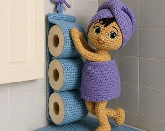Haakpatroon voor een badkamerpop (PDF), haakpatroon voor een toiletrolhouder, haakpatroon voor een badkamerorganizer, amigurumi badkamerdecoratie