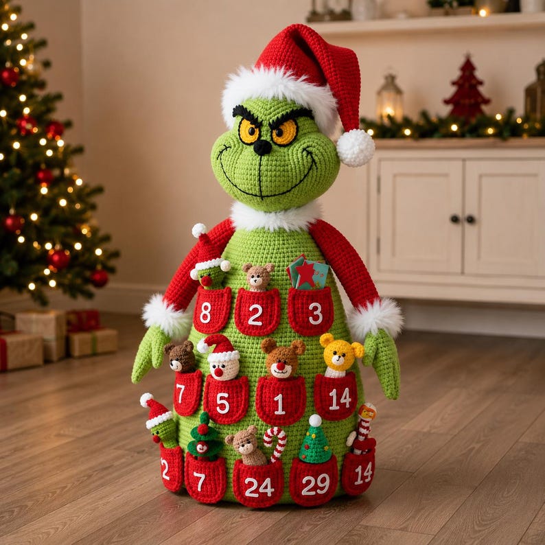 May include: A large green crocheted figure resembling a holiday character wearing a red Santa hat with white trim. The body features multiple red pockets, each embroidered with a white number, containing small crocheted ornaments like bears and trees.