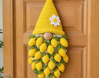 Häkelanleitung für einen Zitronenwichtel, PDF-Anleitung für einen Zitronengartenwichtel, Häkelanleitung für einen Sommerwichtel, Dekoration mit Zitruswichtel, gehäkelter Wichtel als Wandbehang, Amigurumi