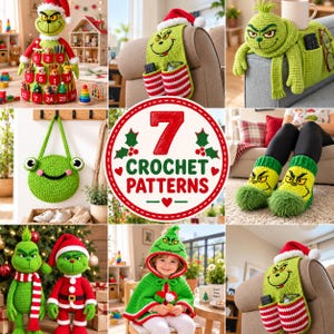Peut inclure: Une collection de sept modèles au crochet représentant un personnage vert à l'expression grincheuse. Les articles incluent un calendrier de l'avent, des organisateurs d'accoudoir, un sac rond, des chaussons, deux poupées et une cape à capuche.