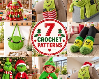 7 Grinch-Häkelmuster-Sets, weihnachtliche Häkelanleitungen (PDF), Grinch-Hausschuhe, Wichtel, Organizer, Strumpf, Mütze & Weihnachtsdeko