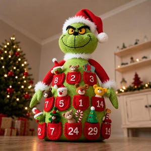 May include: A large, green, crocheted Grinch-like figure wearing a red Santa hat with white trim. The body features multiple red pockets, each embroidered with white numbers, containing small crocheted ornaments like bears, trees, and candy canes.