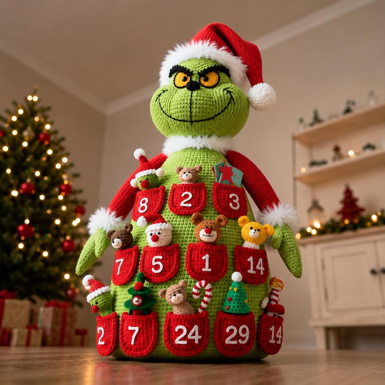 May include: A large, green, crocheted Grinch-like figure wearing a red Santa hat with white trim. The body features multiple red pockets, each embroidered with white numbers, containing small crocheted ornaments like bears, trees, and candy canes.