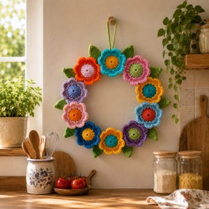 Crochet Flower Wreath Pattern PDF, Spring Floral Door Wreath, Colorful Crochet Home Decor, DIY Front Door Decoration, Digital Download