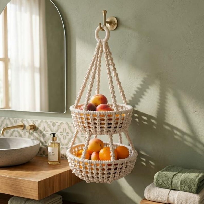 Op de afbeelding: Een cr&egrave;mekleurige macram&eacute; hangmand met twee niveaus, gevuld met perziken en sinaasappels. De mand hangt aan een messing haak aan een lichtgroene muur. De badkameromgeving omvat een spiegel, wastafel en handdoeken.