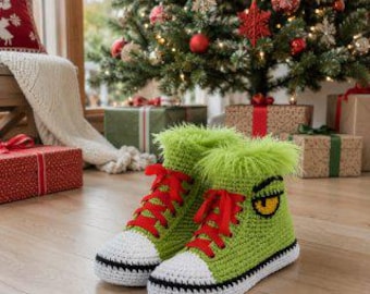 Haakpatroon voor Grinch kerstsneakers (PDF), Amigurumi kerstlaarzen, grappige kerstschoenen, DIY kerstdecoratie/cadeaupatroon