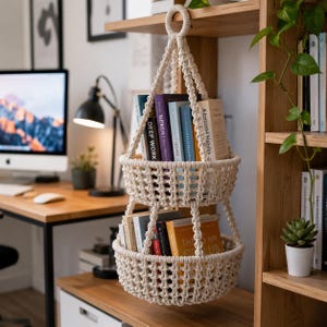 Op de afbeelding: Een cr&egrave;mekleurige macram&eacute; hangmand met twee niveaus, gevuld met boeken. De mand hangt aan een houten plank en toont een bohemien esthetiek. De ruggen van de boeken zijn kleurrijk en contrasteren met de neutrale tinten van de mand en plank.