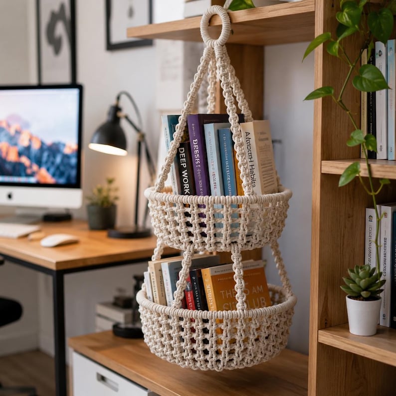 Op de afbeelding: Een cr&egrave;mekleurige macram&eacute; hangmand met twee niveaus, gevuld met boeken. De mand hangt aan een houten plank en toont een bohemien esthetiek. De ruggen van de boeken zijn kleurrijk en contrasteren met de neutrale tinten van de mand en plank.