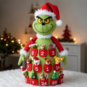 May include: A green crocheted character doll wearing a red Santa hat with white trim. The body features multiple red pockets, each numbered with white text, containing small crocheted figures including bears, trees, and candy canes.