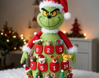 Haakpatroon voor een Grinch adventskalender (PDF) | Kerstcountdown amigurumi | Grinch knuffel met adventsvakjes | Feestelijk haakpatroon