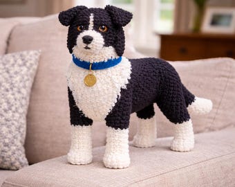 Patrón de amigurumi de Border Collie en PDF: Peluche de perro realista, cachorro de crochet avanzado, patrón de perro blanco y negro