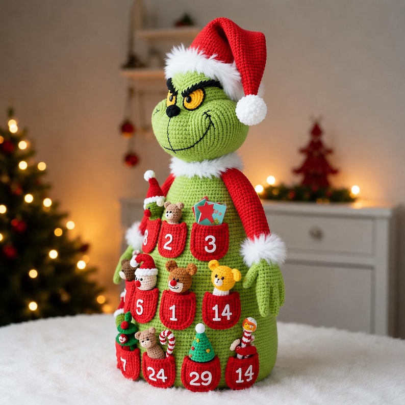 May include: A green crocheted character doll wearing a red Santa hat with white trim. The body features multiple red pockets, each embroidered with a white number, containing small crocheted figures like bears, trees, and candy canes.