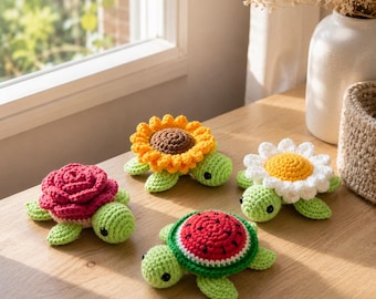 Haakpatroon voor een bloemschildpad (PDF-bundel), roos, zonnebloem, madeliefje, watermeloenschildpad (amigurumi), schattig haakpatroon voor een schildpad.