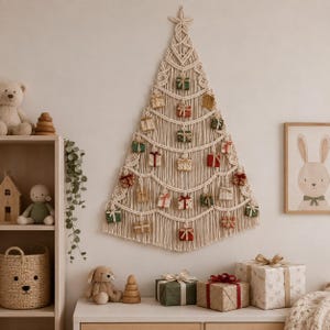 Puede incluir: Un árbol de Navidad de macramé para colgar en la pared, hecho de cuerda color hueso, con una estrella en la parte superior y varios niveles de ramas tejidas. Pequeñas cajas de regalo coloridas en tonos rojo, verde y dorado cuelgan de la estructura.