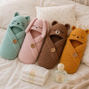 Peut inclure: Quatre couvertures d'emmaillotage crochetées avec des capuches d'animaux : un chat vert menthe, un lapin rose, un ours brun et un cerf jaune avec des bois. Chaque couverture a un bouton en bois. Un tas de tissus blancs pliés et un flacon sont inclus.