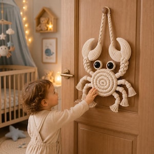 May include: A cream-colored macrame wall hanging shaped like a crab, featuring a circular body, two large pincers, and eight legs with tasseled ends. The crab has two large, round, black eyes and is suspended from a wooden knob on a door.