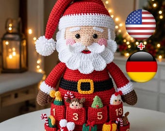 Crochet Santa Advent Calendar Pattern PDF, Christmas Amigurumi Organizer, Holiday Crochet Decor, Santa Pocket Countdown Tutorial