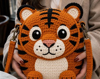 Häkelanleitung für eine Tiger-Tasche, Tiger-Umhängetasche (PDF), niedliche Tier-Tasche, Häkeltasche für Kinder, Tiger-Geldbörsenmuster, digitale Häkelanleitung