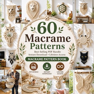 May include: A digital graphic featuring the text 60 Macrame Patterns, Best-Selling PDF Bundle, Instant Download, Lifetime Access, and Macrame Pattern Book. The design is framed by a rope border and surrounded by various macrame wall hangings.