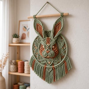 May include: A macrame wall hanging featuring a rabbit head design centered on a circular frame. The piece is crafted from sage green and terracotta cord, accented with small wooden beads, and suspended from a horizontal wooden dowel with fringe.