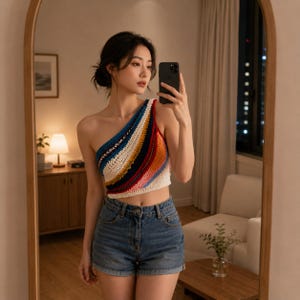 Peut inclure: Un haut court en crochet à une épaule avec des rayures diagonales aux couleurs vives, notamment bleu, jaune, orange, rouge et blanc, associé à un short en jean bleu. Le haut présente un motif texturé en maille ouverte et une coupe ajustée.