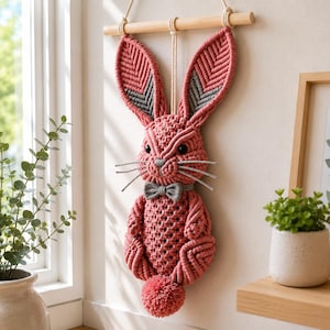 Op de afbeelding: Een roze macramé konijn wandhanger met grijze accenten. Het konijn heeft lange oren, een strikje en een pluizige staart. Het is opgehangen aan een houten stok met een natuurlijk koord. Het is een decoratief item.
