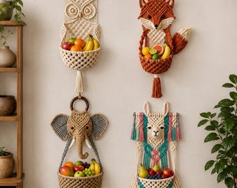 Macramé dieren wanddecoratie patroon (PDF), handleiding voor een hangende fruitmand, decoratie met vos, uil, olifant en lama, boho woondecoratie, doe-het-zelf macramé patroon