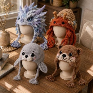 Peut inclure: Quatre bonnets en crochet présentés sur des têtes de mannequin. L'un est un dragon bleu et violet à écailles, un autre un bernard-l'ermite rouille avec des coquillages, un phoque gris à moustaches et une loutre brune à moustaches et oreillettes.
