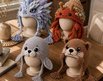 Haakpatroon voor een dierenmuts (PDF): Draak, octopus, zeehond, kat, schattige wintermuts, dierenmuts voor kinderen, fantasiemuts.