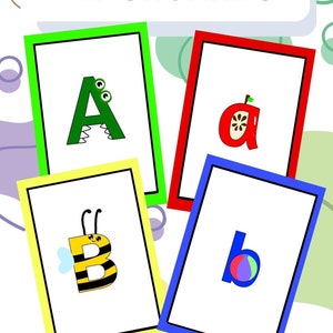 Tarjetas didácticas coloridas con mnemónicos integrados con el alfabeto (animales y objetos que los niños conocen)