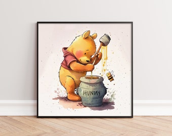 Winnie the Pooh, Printable Art, Watercolor Winnie Pooh, Honey Bear, Nursery Art
