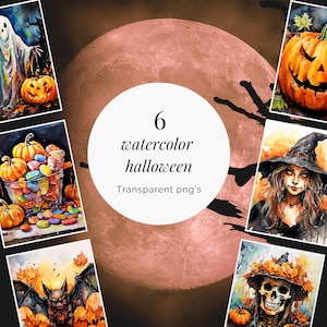 Watercolor Halloween Clipart | Witch, Ghost, Candy, Bat, Skeleton, Pumkin | Creepy Halloween Transparent PNG Clipart | Clipart Bundle