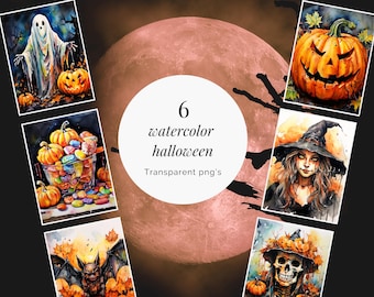 Clipart de Halloween en acuarela / Bruja, fantasma, caramelo, murciélago, esqueleto, calabaza / Clipart PNG transparente de Halloween espeluznante / Paquete de clipart
