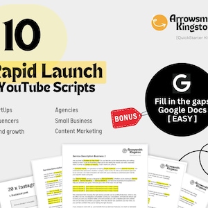 Puede incluir: Un gráfico amarillo y negro con el texto "10 Rapid Launch YouTube Scripts" y una lista de beneficios para startups, influencers y pequeñas empresas. El gráfico también incluye una etiqueta de bonificación roja y un círculo negro con una "G" blanca para Google Docs.
